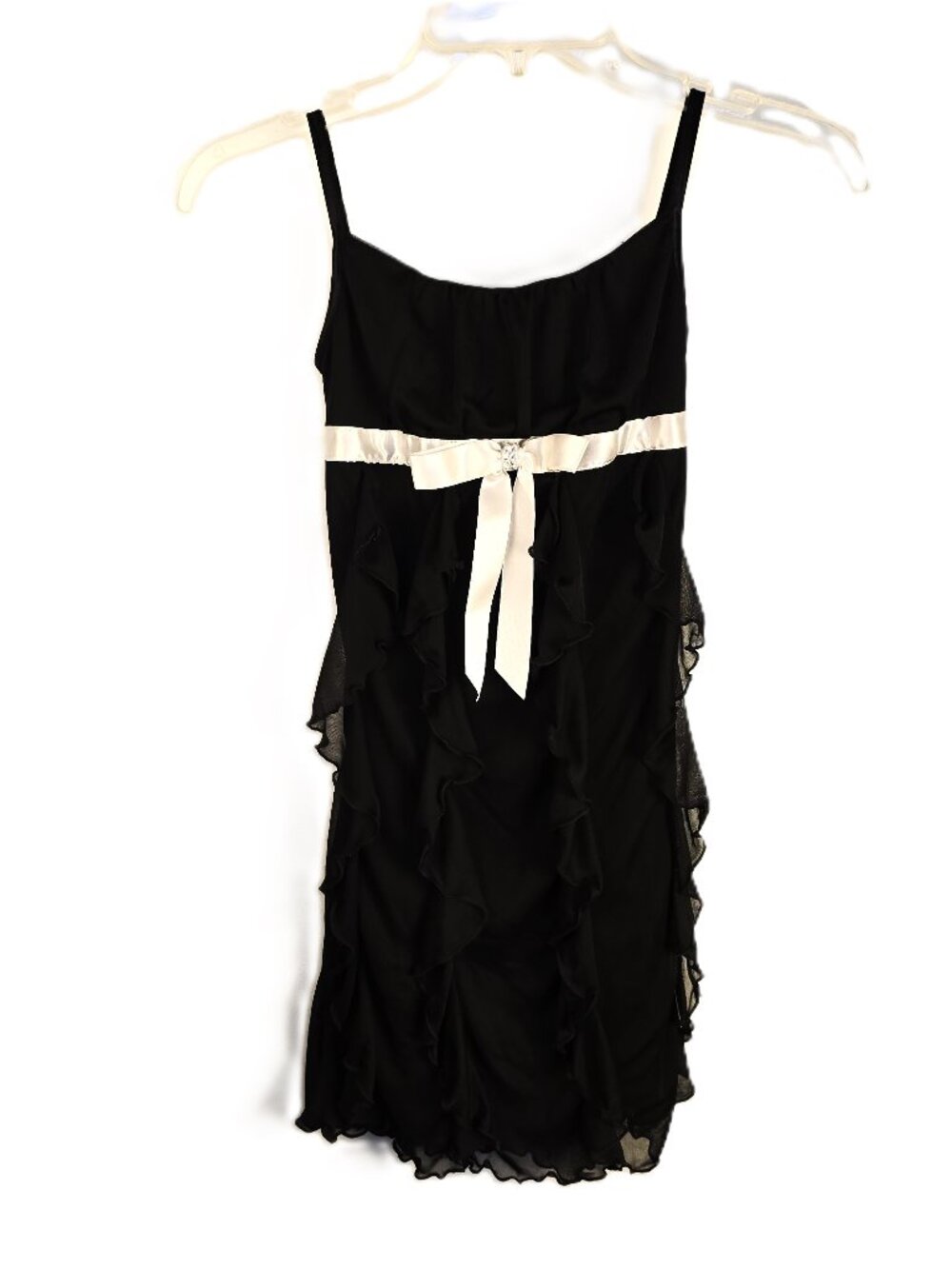 BCX Girl Black Spaghetti Strap Dress Size 10 White Bow Ruffles Chiffon Lined Y2K
